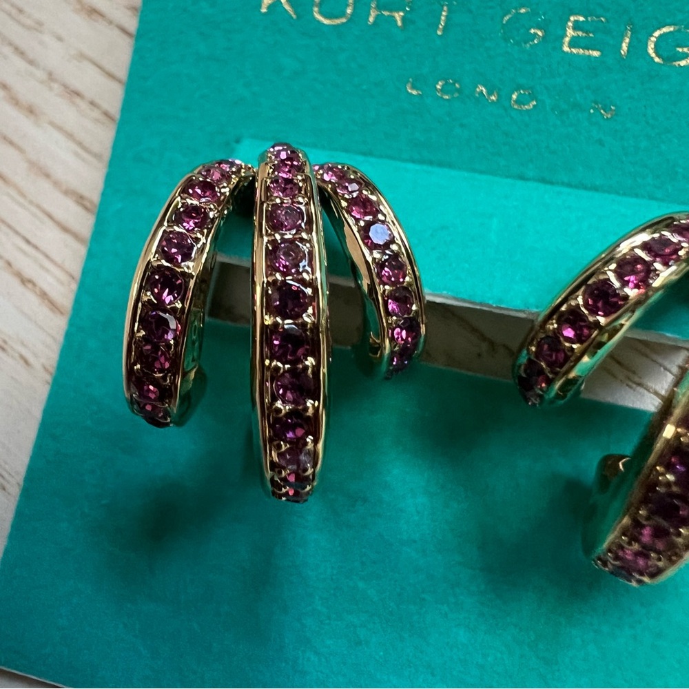 NEW KURT GEIGER Pavé Crystal Triple Huggie Hoop Earrings Gold Pink - Picture 4 of 9